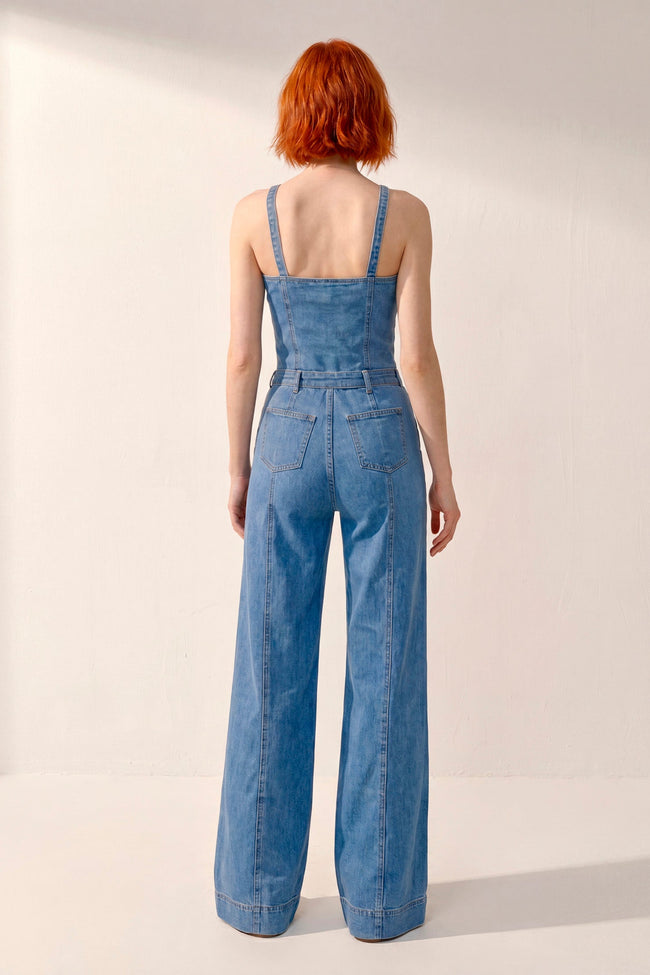 Jumpsuit Indigo · Mono Denim Halter Corset + Wide Leg