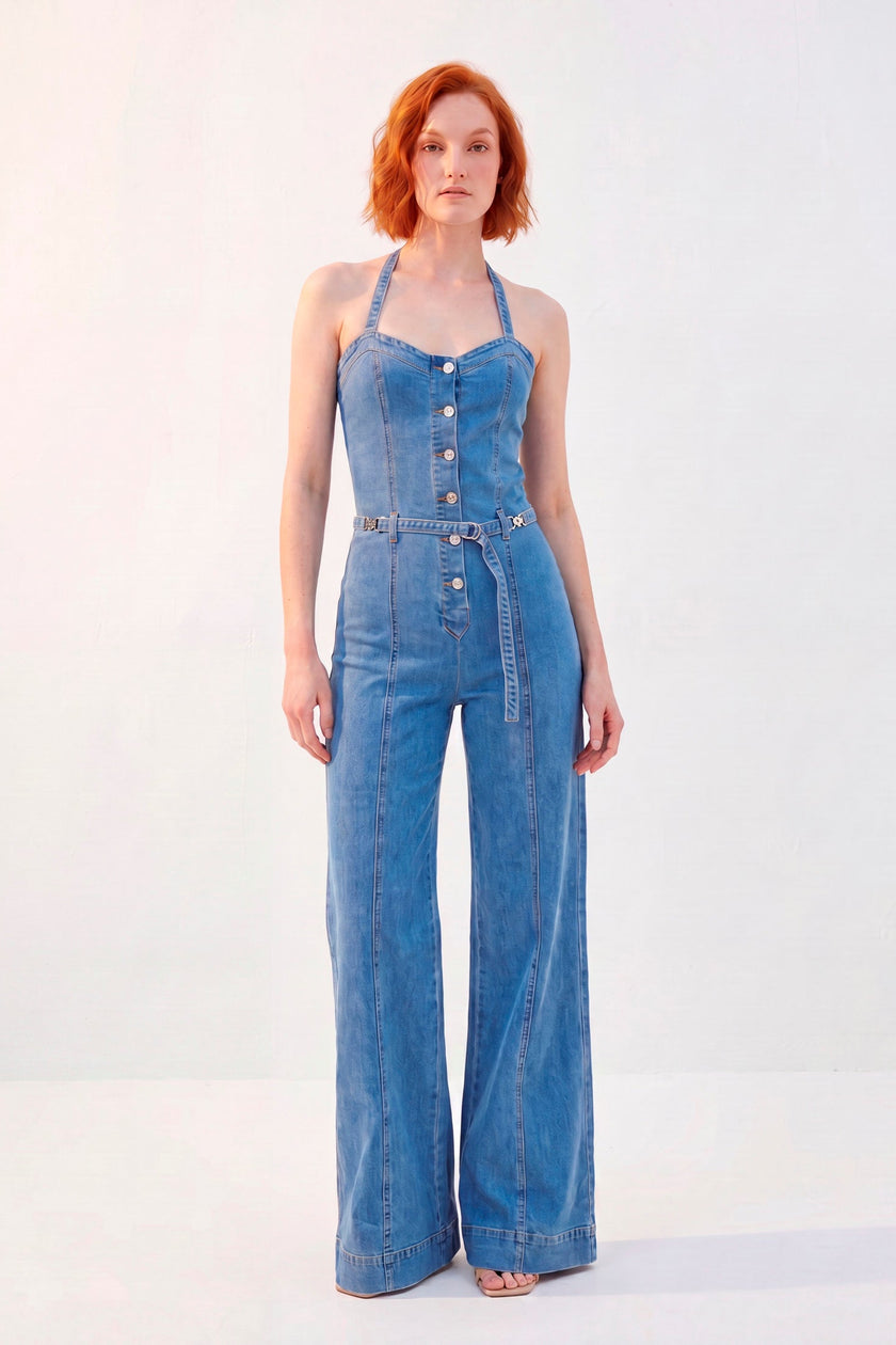 Jumpsuit Indigo · Mono Denim Halter Corset + Wide Leg