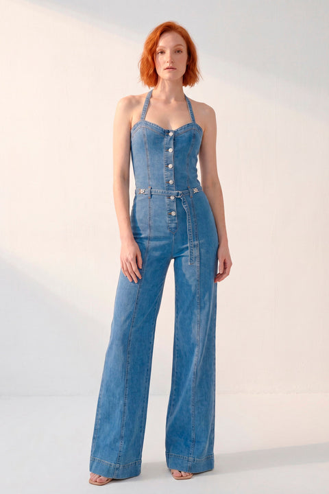 Jumpsuit Indigo · Mono Denim Halter Corset + Wide Leg