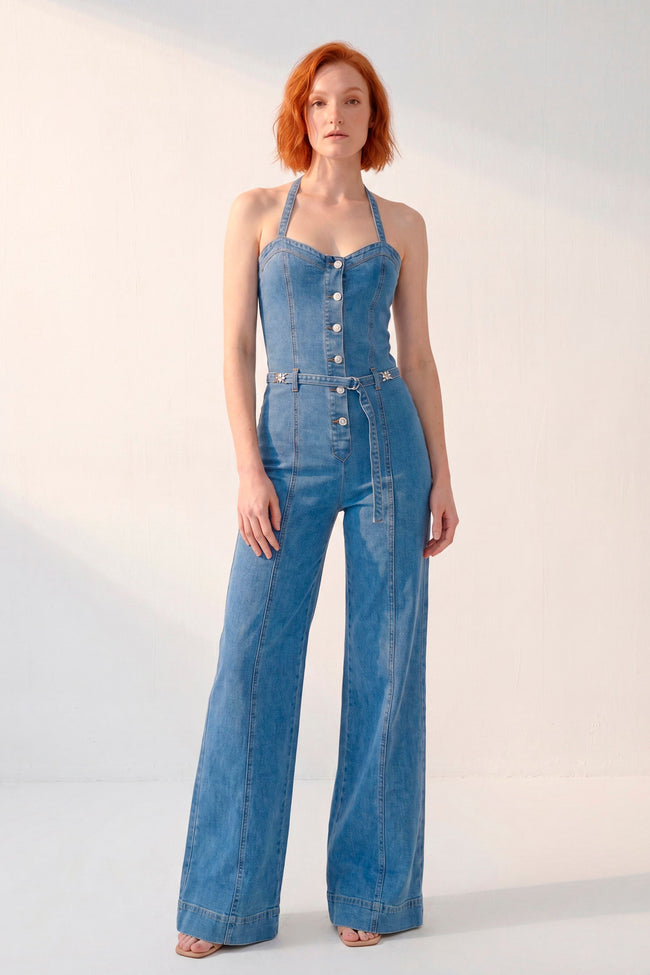 Jumpsuit Indigo · Mono Denim Halter Corset + Wide Leg