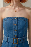 Vestido Denim · Midi Bustier Strapless · Botones Bronce + Cinturón