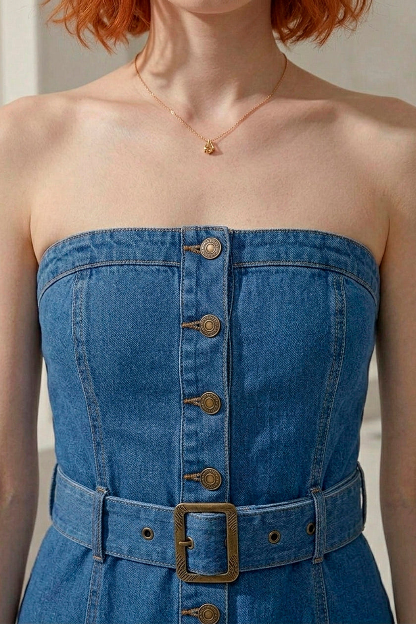Vestido Denim · Midi Bustier Strapless · Botones Bronce + Cinturón