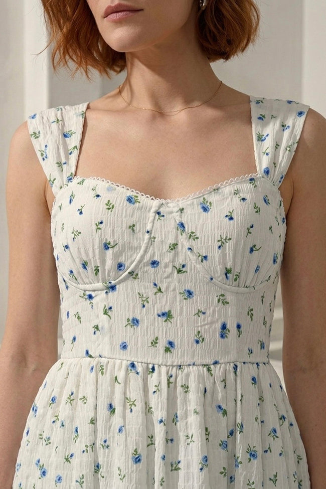 Vestido Midi Floral Crema tipo Corset con falda Escalonada