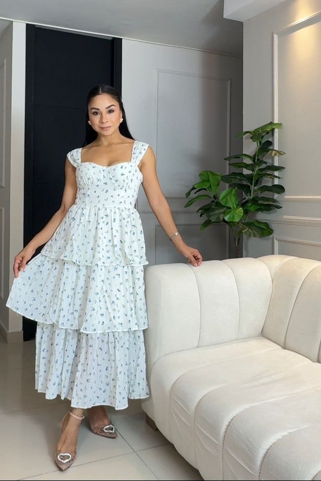 Vestido Midi Floral Crema tipo Corset con falda Escalonada