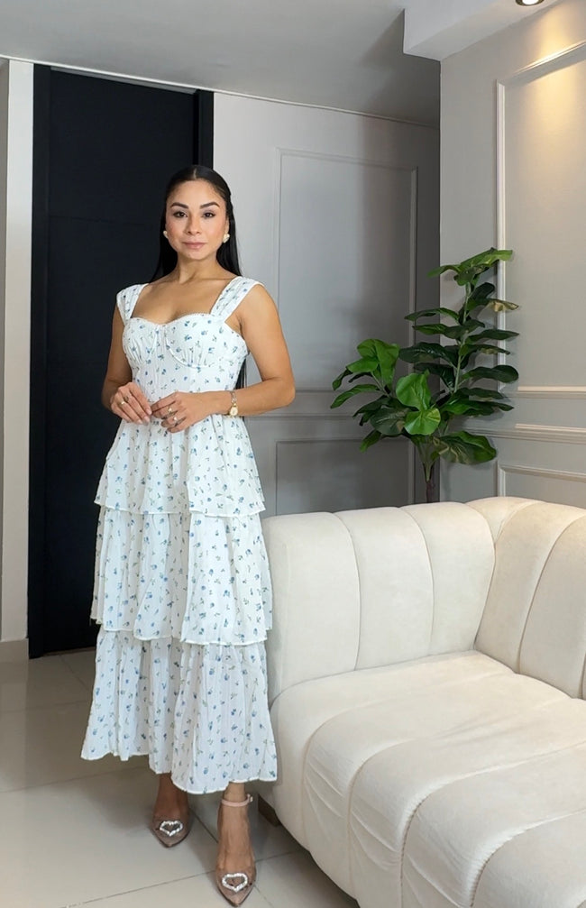 Vestido Midi Floral Crema tipo Corset con falda Escalonada