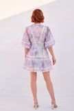 Vestido Violeta · Mini Organza Floral · Manga Globo + Encaje