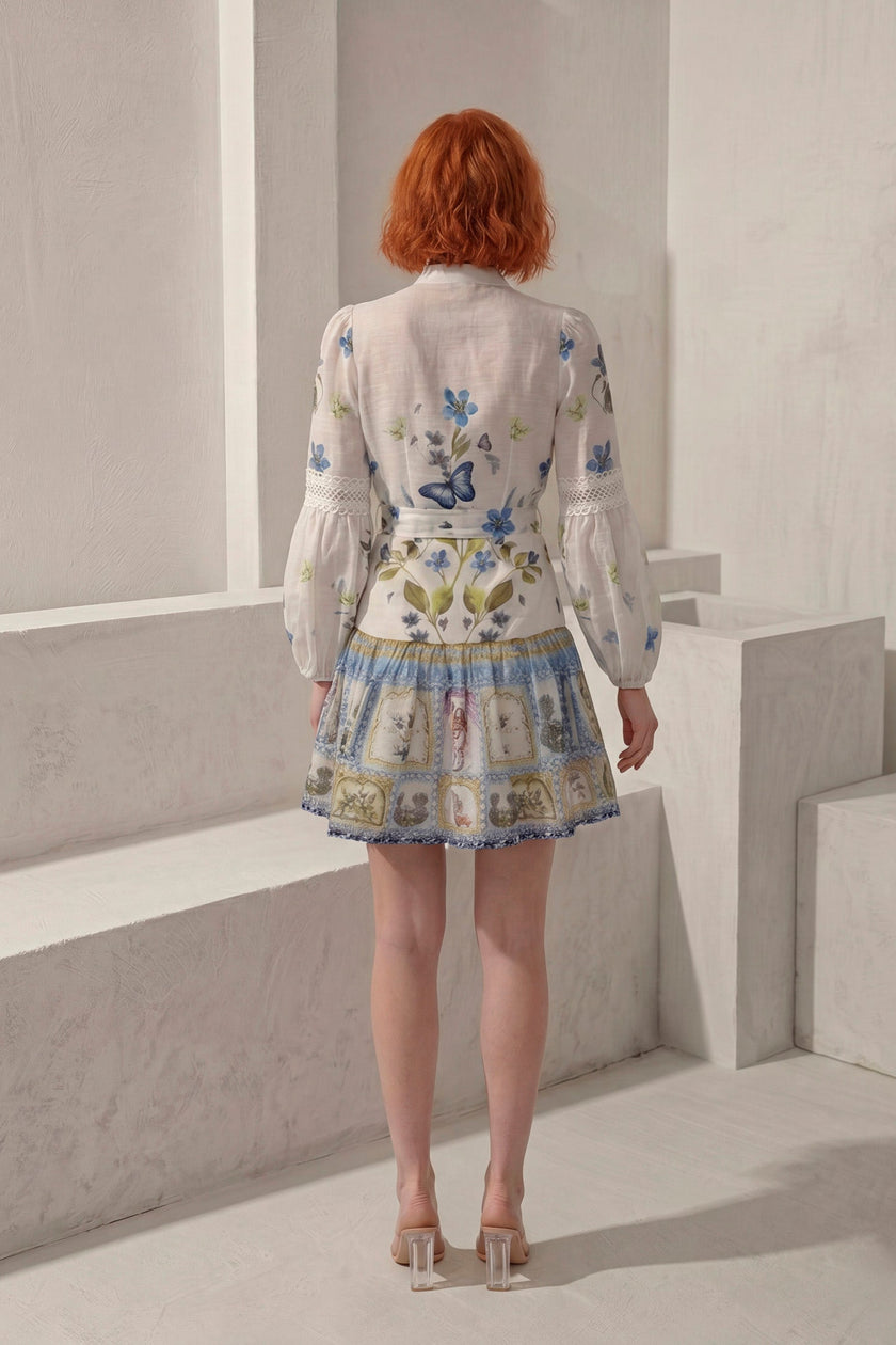 Vestido Mariposa · Mini Lino Bordado Floral · Mangas Globo + Botones Perla
