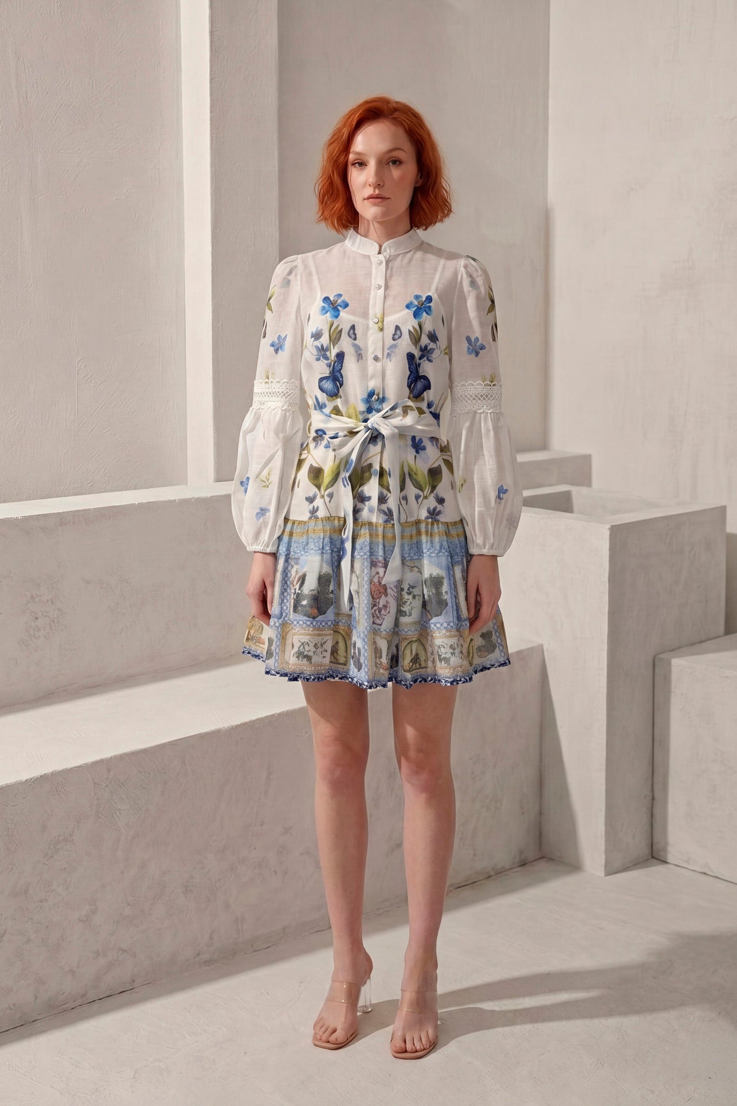Vestido Mariposa · Mini Lino Bordado Floral · Mangas Globo + Botones Perla