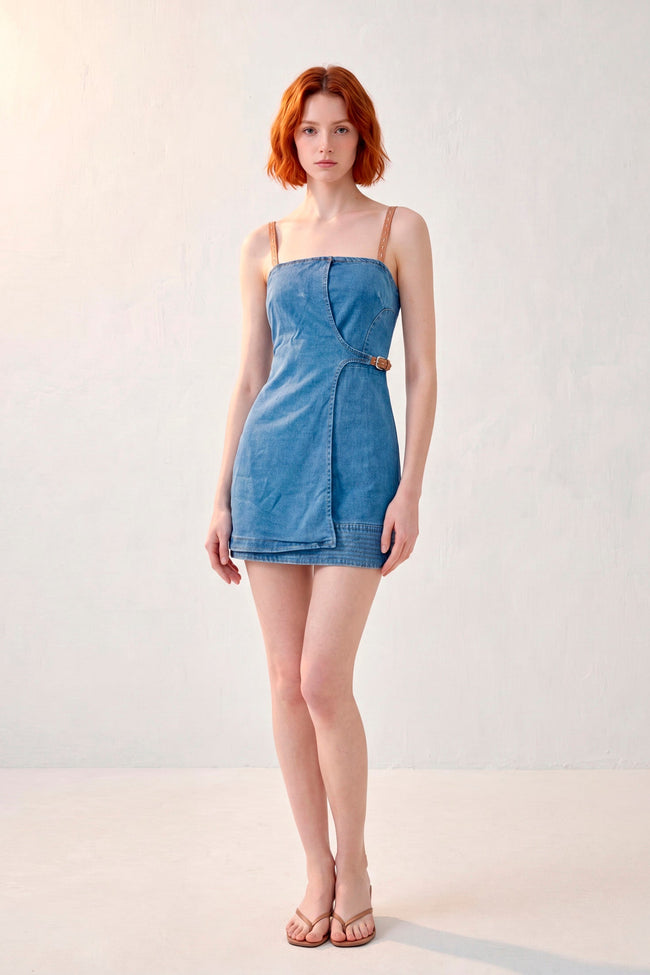 Vestido Corto Denim · Tirantes Cuero Tachonado + Hebilla Lateral