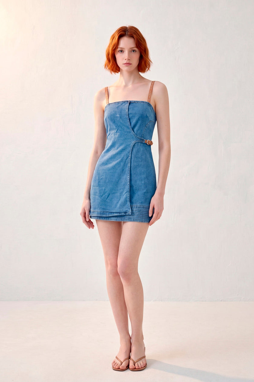 Vestido Corto Denim · Tirantes Cuero Tachonado + Hebilla Lateral