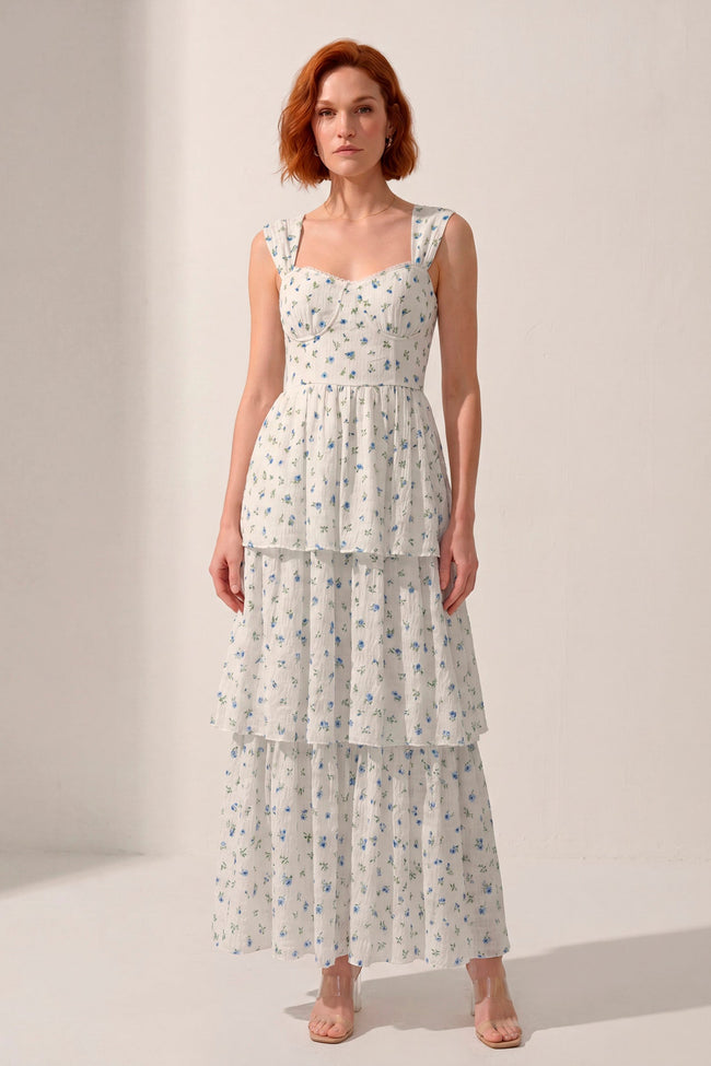 Vestido Midi Floral Crema tipo Corset con falda Escalonada