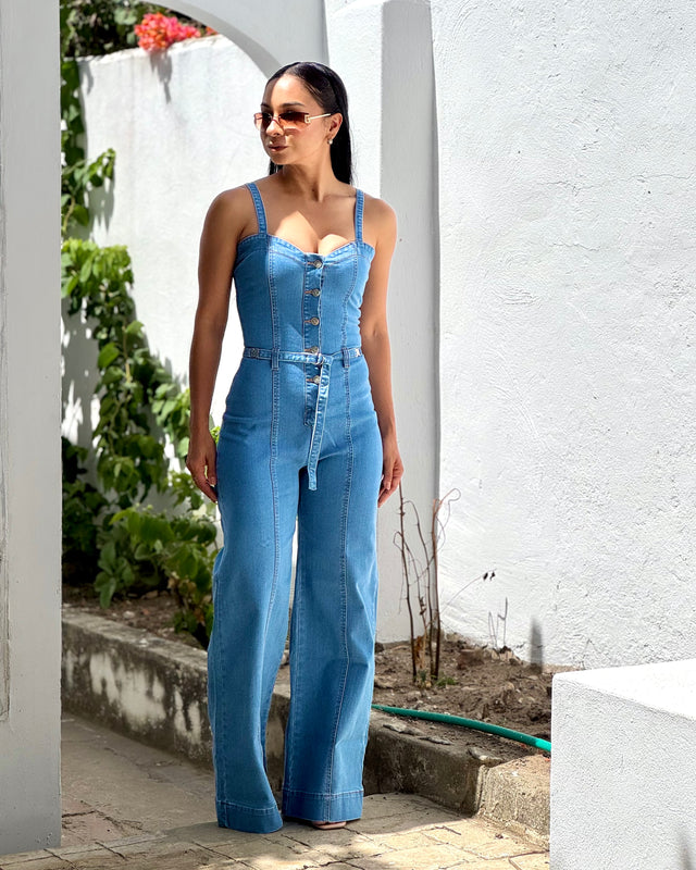 Jumpsuit Indigo · Mono Denim Halter Corset + Wide Leg