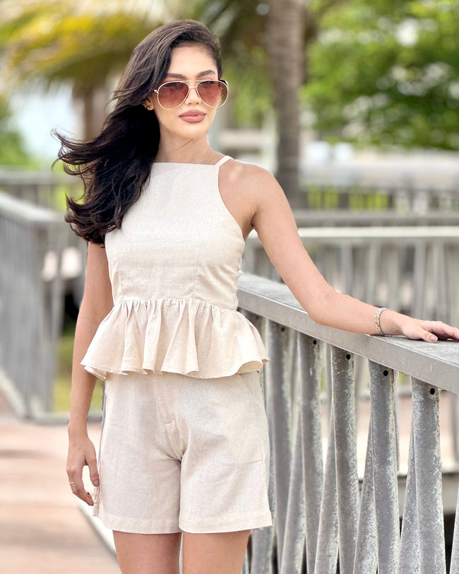 Set Dalia · Top Peplum Lino + Short Tiro Alto
