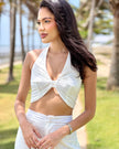 Set Lola Ojalillo · Top Halter Twist Broderie + Palazzo Wide Leg