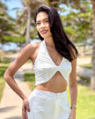 Set Lola Ojalillo · Top Halter Twist Broderie + Palazzo Wide Leg