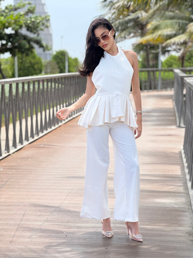 Set Valeria · Top Halter Peplum Espalda Descubierta + Palazzo Wide Leg