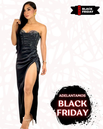 Vestido Largo de Noche Negro con Corsé y Abertura