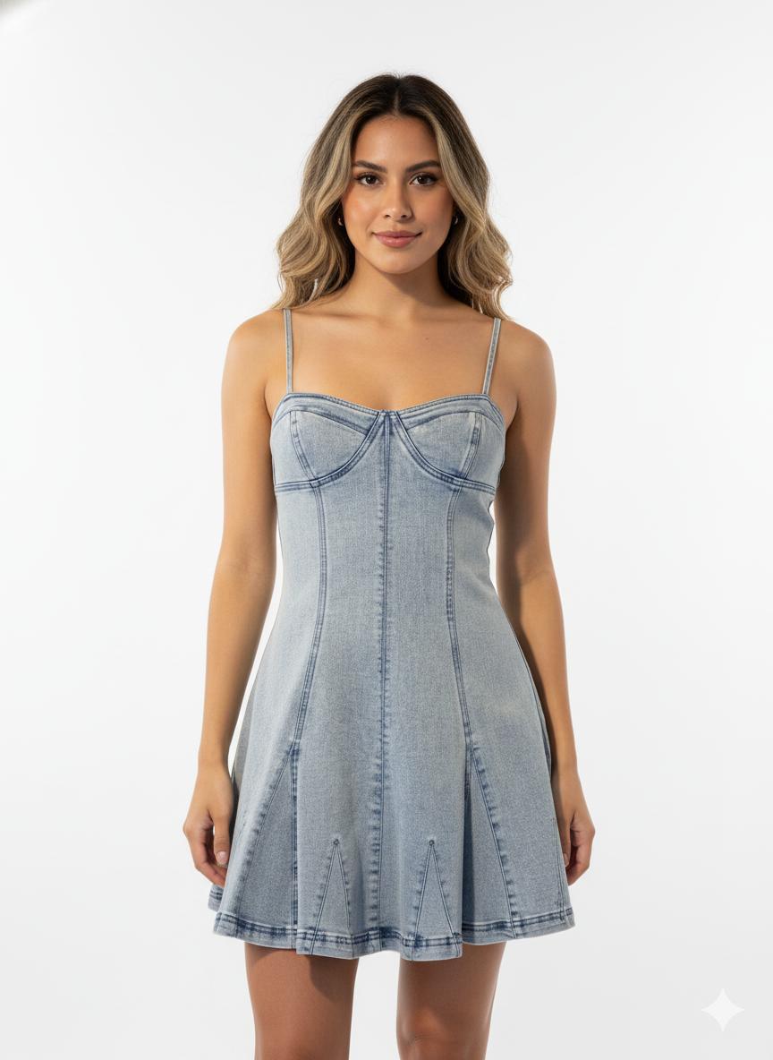 Vestido denim con tirantes y silueta acampanada