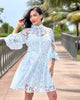 Vestido Celeste · Mini Encaje Azul Cielo · Manga Globo + Cuello Alto