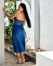 Vestido Denim · Midi Bustier Strapless · Botones Bronce + Cinturón