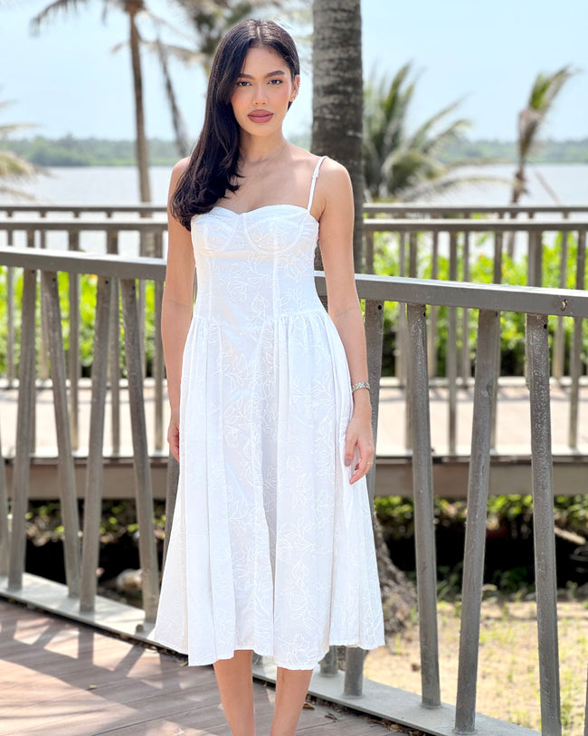 Vestido Mariana · Midi Bustier Bordado Floral Tonal · Tirantes Finos