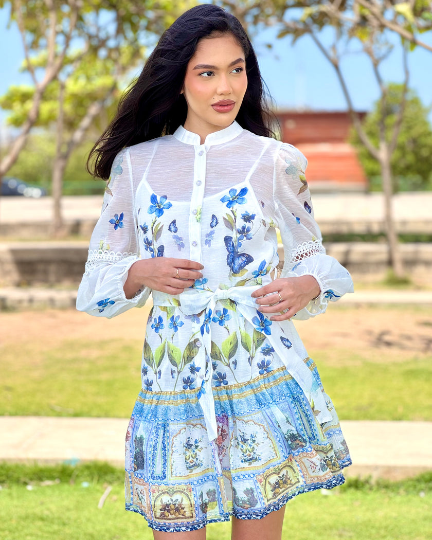 Vestido Mariposa · Mini Lino Bordado Floral · Mangas Globo + Botones Perla