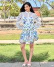 Vestido Mariposa · Mini Lino Bordado Floral · Mangas Globo + Botones Perla