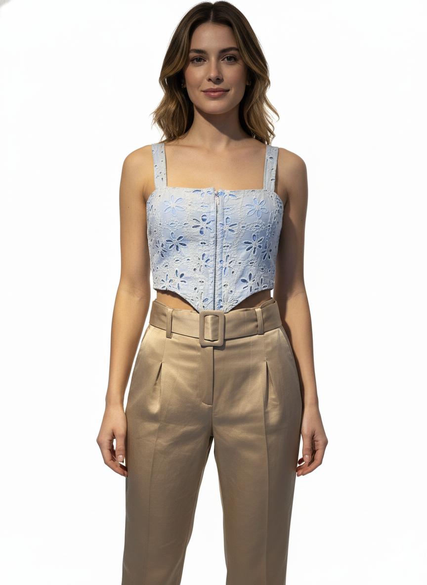 Crop top azul en broderie – Tirantes anchos