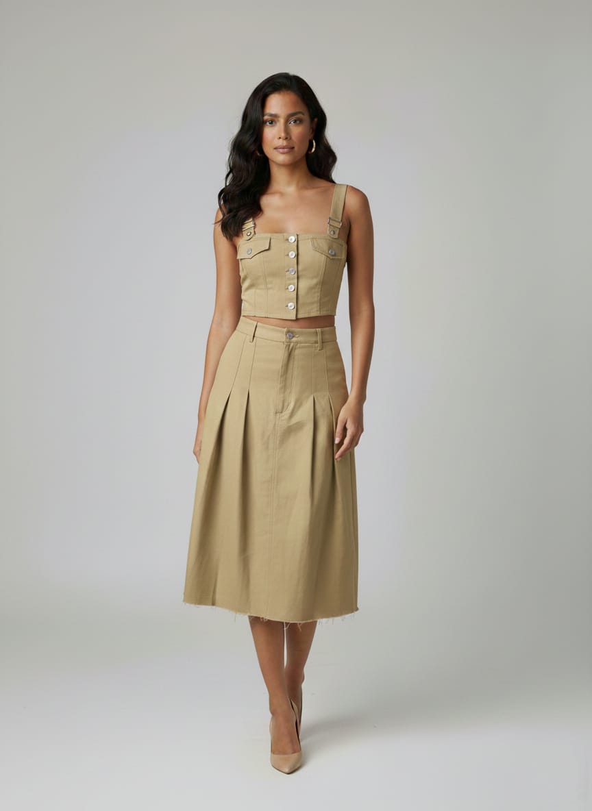 Top crop y falda midi beige con botones decorativos