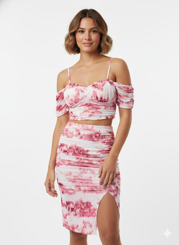 Set Tie Dye Rosa – Top Off Shoulder + Falda Midi