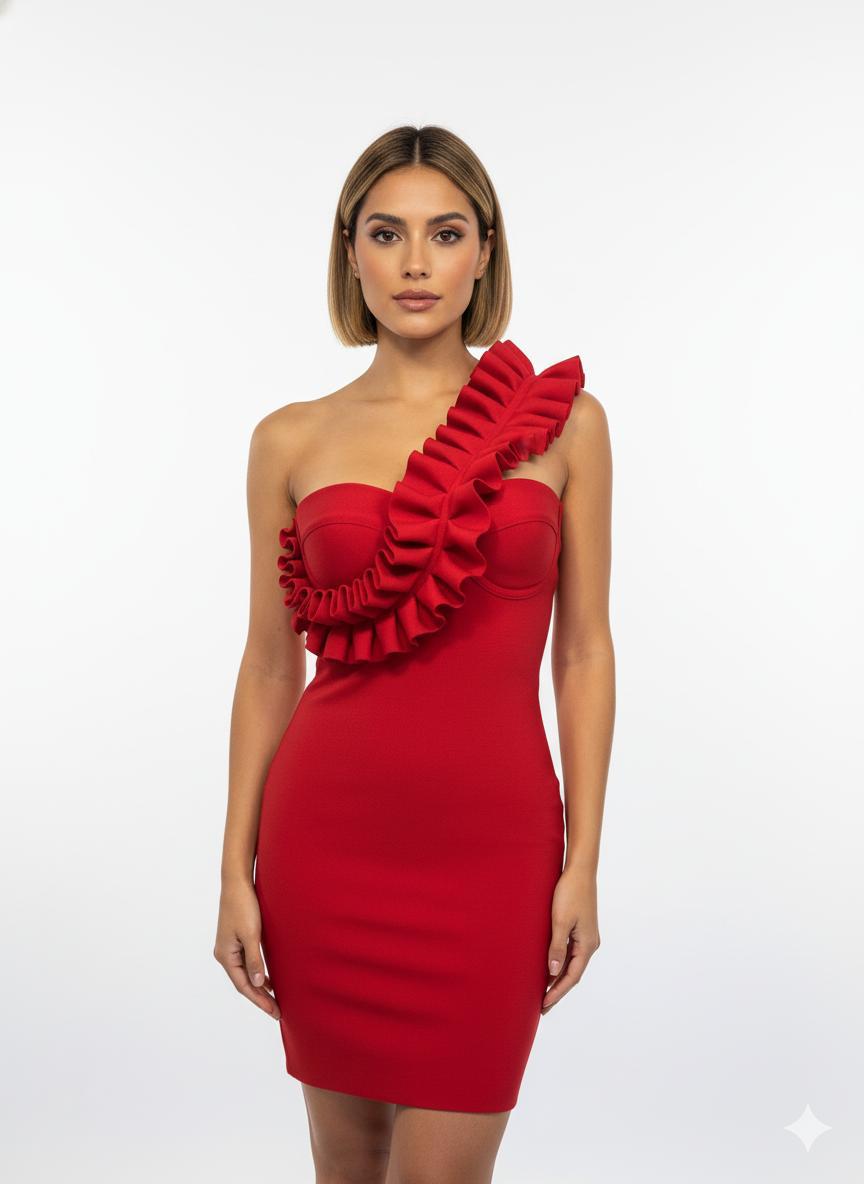 Vestido rojo de fiesta con volante en un hombro