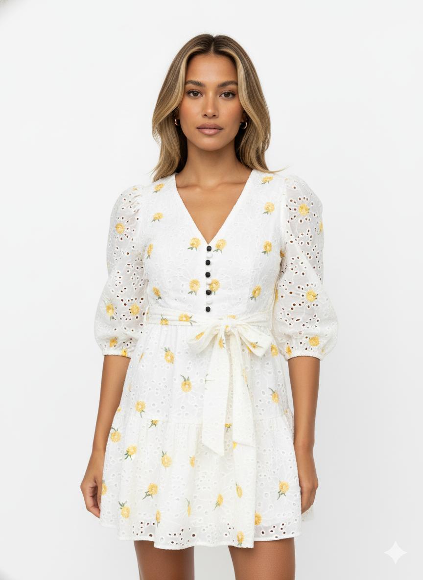 Vestido blanco bordado con flores amarillas – Manga globo